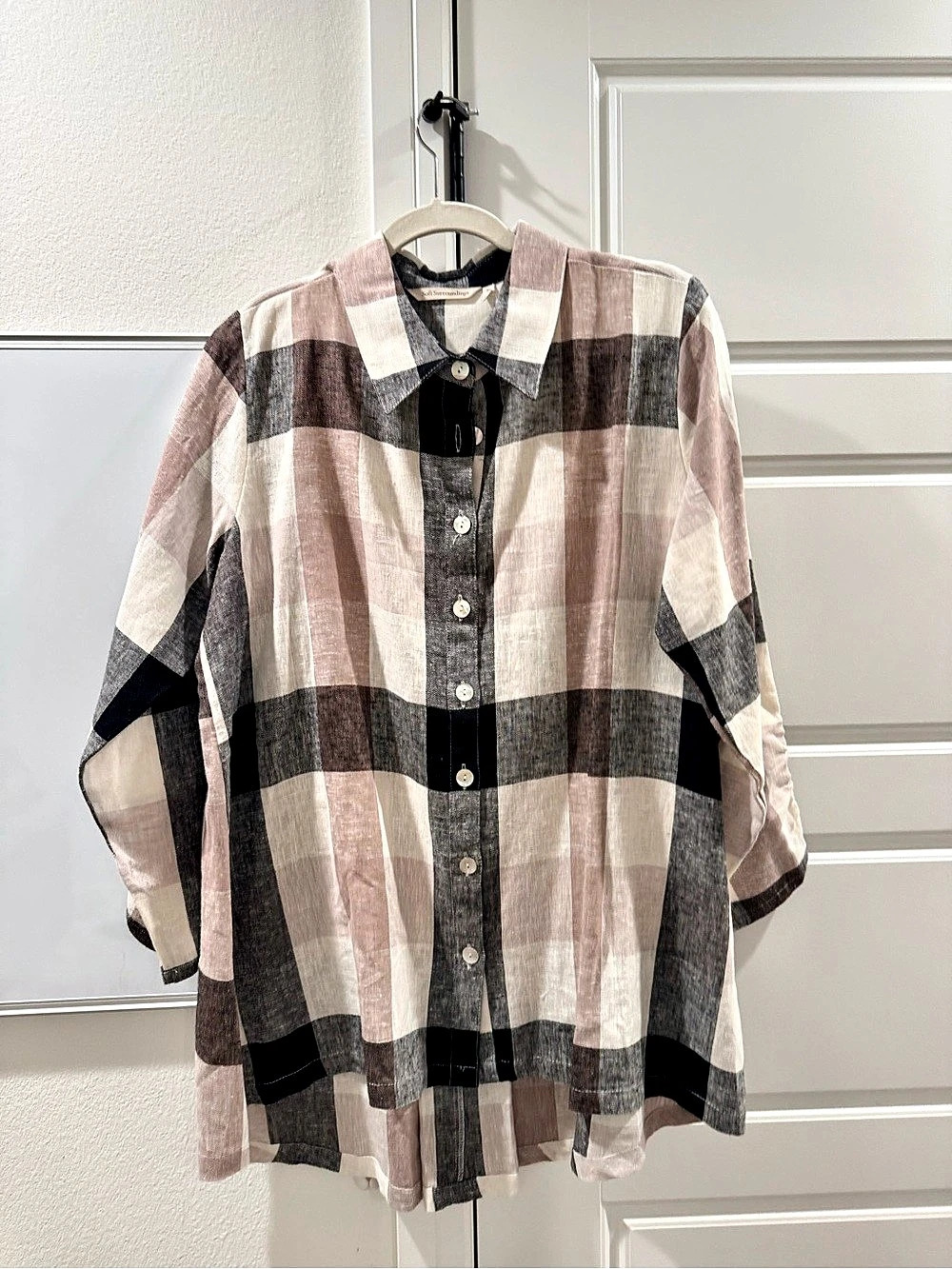 Soft Surroundings Carreaux Shirt Plaid Button Down Pink & Black XL Like New